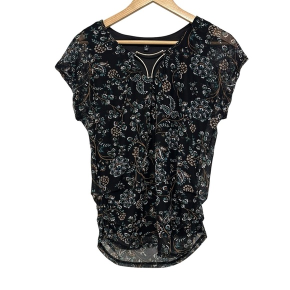 AUW Tops - Womens Small Black Gold Cinched Flowy Whimsy Goth Paisley Floral Chiffon Blouse